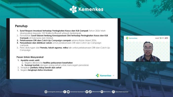 CAMPAK - Pelaksana tugas (Plt) Dirjen Penanggulangan Penyakit Kementerian Kesehatan RI (Kemenkes), dr Andi Saguni dalam konferensi pers via daring di Jakarta, Jumat (7/3/2025), mengingatkan siapa saja agar bisa membatasi diri beraktivitas di luar rumah saat terkena campak hingga kondisi benar-benar sembuh.
