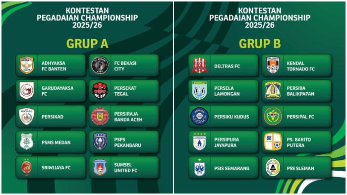 CHAMPIONSHIP - 20 peserta Championship 2025/2026 yang terbagi menjadi dua klub penyisihan. (Instagram Liga 2 - 11/9/2025)