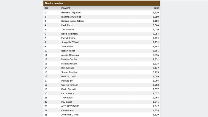 Daftar Pemain dengan Block Terbanyak di NBA Sepanjang Masa