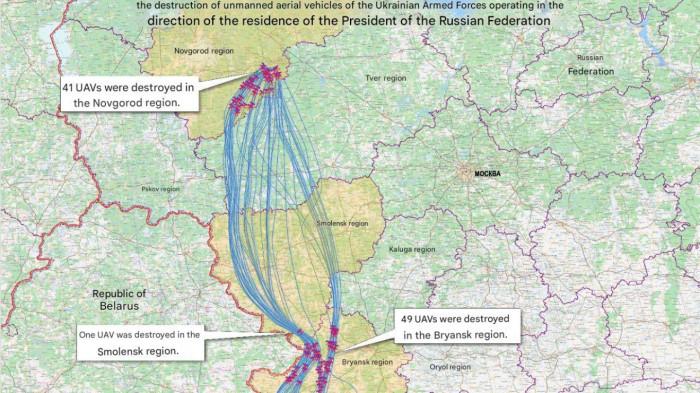ALUR DRONE Jalur penerbangan yang diduga dilalui oleh drone Ukraina yang digunakan dalam serangan yang diklaim terhadap kediaman Putin di Valdai pada 28-29 Desember.
