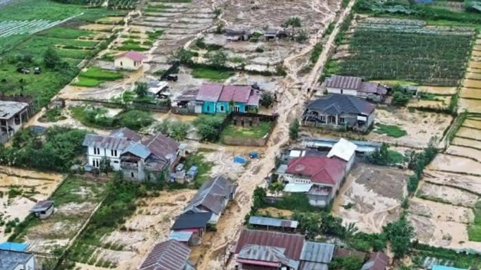 BANJIR ACEH – Foto udara memperlihatkan banjir bandang merendam permukiman dan lahan sawah warga di Aceh Tengah, November 2025. Kejadian serupa di Kabupaten Bireuen merusak lebih dari 2 ribu hektare sawah dan memicu ancaman krisis pangan.