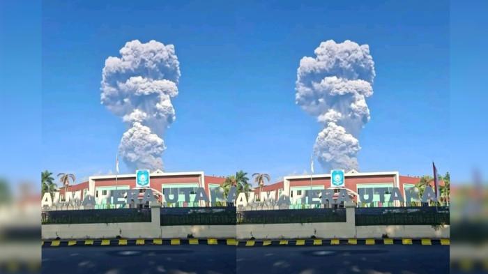 ERUPSI GUNUNG DUKONO - Gunung Dukono di Kabupaten Halmahera Utara, Maluku Utara alami erupsi, Jumat (8/5/2026) pagi. Hasil pengamatan menunjukkan kolom erupsi berwarna putih, kelabu hingga hitam dengan intensitas tebal dan tinggi mencapai sekitar 10.000 meter. Erupsi juga disertai dentuman lemah hingga kuat.