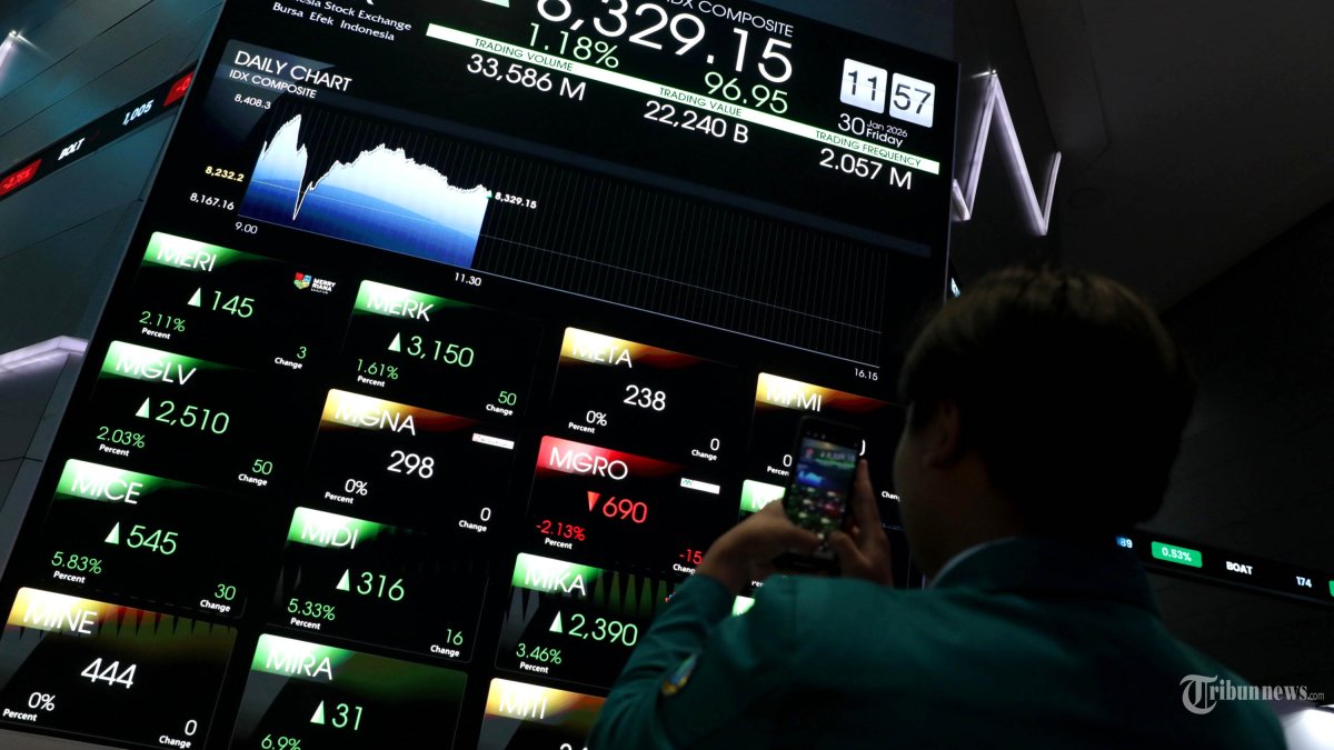 IHSG - Pengunjung mengamati layar digital pergerakan Indeks Harga Saham Gabungan (IHSG) di Bursa Efek Indonesia, Jakarta, Jumat (30/1/2026). Indeks Harga Saham Gabungan (IHSG) terpantau rebound signifikan 97,406 poin (1,18 persen) ke level 8.329,606 setelah IHSG sempat ambruk selama 2 hari sebelumnya. TRIBUNNEWS/IRWAN RISMAWAN