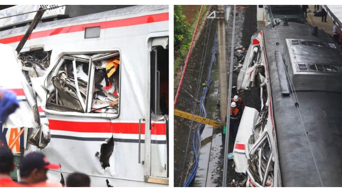 EVAKUASI KORBAN - Kondisi kereta yang bertabrakan antara KRL Commuterline dengan KA Argo Bromo Anggrek relasi Gambir-Surabaya Pasar Turi di Stasiun Bekasi Timur, Bekasi, Jawa Barat, Selasa (28/4/2026).