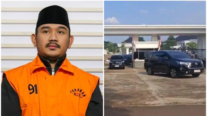 KPK BUPATI BEKASI - (Kiri)  Bupati Kabupaten Bekasi Ade Kuswara Kunang (tengah) bersama Kepala Desa Sukadami, Kecamatan Cikarang Selatan M Kunang (kanan) dan Pihak Swasta Sarjan mengenakan rompi tahanan usai terjaring operasi tangkap tangan (OTT) di Gedung Merah Putih KPK, Jakarta, Sabtu (20/12/2025) dan (Kanan) Foto rumah Bupati Bekasi Ade Kuswara Kunang yang disebur bak istana atau kerajaan kecil di Cikarang.