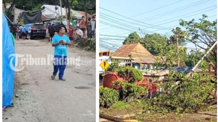 KECELAKAAN BERUNTUN - (kiri) Dua korban tewas setelah terlibat kecelakaan beruntun di kawasan Jembatan Padang Besi, Kelurahan Padang Besi, Kecamatan Lubuk Kilangan, Kota Padang, Sumatera Barat, Minggu (10/5/2026) pagi. (kanan) Pohon dan tiang listrik tumbang usai kecelakaan beruntun di kawasan Jembatan Padang Besi, Kota Padang, Minggu (10/5/2026).