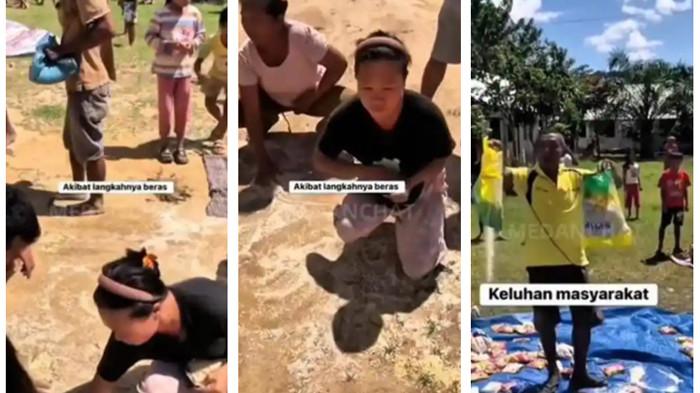 PUNGUTU BERAS - Sebuah video yang memperlihatkan sejumlah warga memunguti butiran beras yang tercampur tanah menjadi viral di media sosial. Video tersebut menunjukkan kondisi bantuan logistik berupa beras yang dilempar dari helikopter kepada masyarakat yang terdampak bencana banjir dan longsor di Tapanuli Utara, Sumatera Utara. (Fb Sumatera_talk)