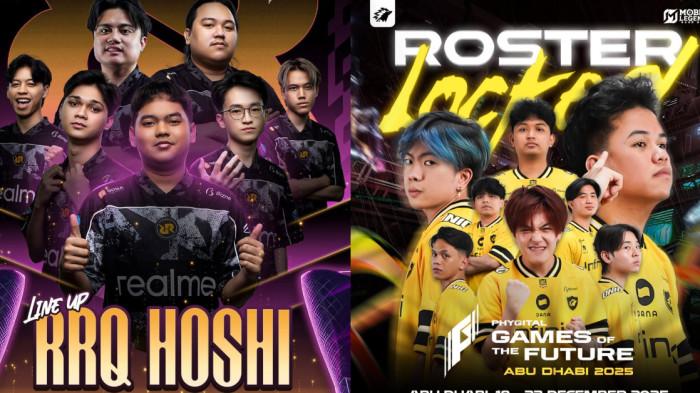 RRQ DAN ONIC - Kolase foto roster RRQ Hoshi dan ONIC untuk Games of The Future 2025 di Abu Dhabi. (Foto diunduh dari Instagram RRQ dan ONIC)