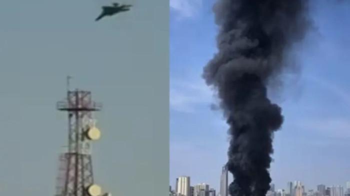 JATUH DI KUWAIT - Tangkap layar video dari media sosial yang menggambarkan kolase kejadian jatuhnya jet F-15E Amerika Serikat dan asap hitam di kantor kedutaan besar Amerika di Kuwait. Negara ini menjadi sasaran serangan balasan Iran ke AS karena ikut menampung pangkalan militer AS.