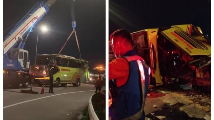 BELASAN MENINGGAL DUNIA - Evakuasi kecelakaan maut bus PO Cahaya Trans di ruas tol Semarang-Batang yang terjadi sekitar pukul 04.00 WIB, Senin dinihari, 22 Desember 2025.