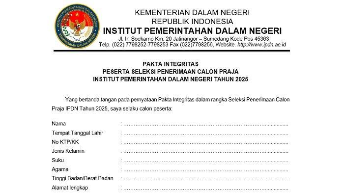 Contoh Pakta Integritas IPDN dan Link Resmi Download Format Word