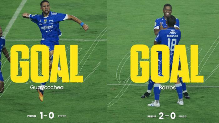 Selebrasi pemain Persib Bandung, Lucho Guaycochea dan Uilliam Barros setelah mencetak gol ke gawang Persis Solo dalam matchday 10 Super League di Stadion Gelora Bandung lautan Api, Senin (27/10/2025) malam.