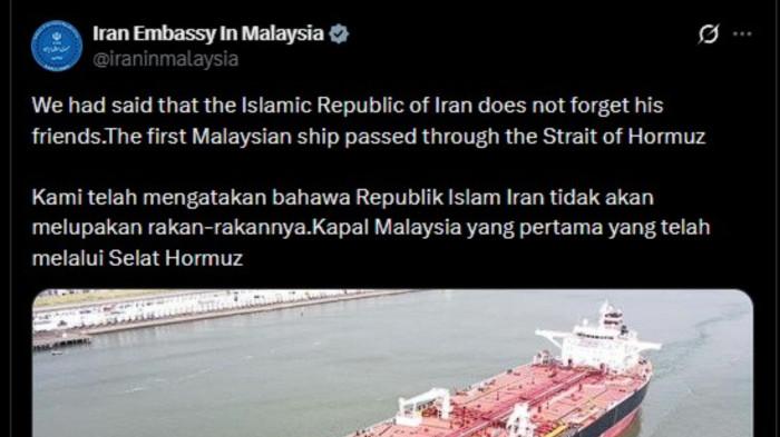 IRAN PUJI MALAYSIA Melalui unggahan di platform X (sebelumnya Twitter) pada Senin (6/4/2026), pihak Kedutaan Besar Iran menegaskan eratnya hubungan bilateral antara kedua negara menjadi hal yang mendasari kesepakatan dengan Negeri Jiran tersebut.