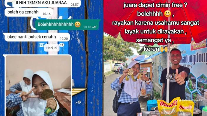 PERAYAAN HUT RI - Ada kisah inspiratif dari Majalengka, Jawa Barat, yakni kisah dari Deni Rahayu, penjual Cimin (Aci Mini) keliling yang dapat penghargaan di perayaan Hari Kemerdekaan Republik Indonesia (HUT RI) ke-80 pada hari ini, Minggu (17/8/2025). Mang Deni si 'Penjual Cimin Keliling' ini mendapatkan penghargaan dari Bupati Majalengka, Eman Suherman atas dedikasinya dalam memotivasi siswa-siswa berprestasi di Majalengka. Belakangan sosok Mang Deni viral di media sosial karena kerap memberi cimin gratis sebagai hadiah untuk siswa-siswa yang berprestasi di Majalengka. Melalui akun TikTok @denirahayu1992, Mang Deni membagikan foto siswa-siswa berprestasi yang mendapat hadiah cimin gratis darinya.