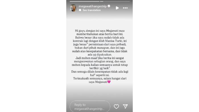 PERNYATAAN RESMI MEGAWATI - Tangkap layar Instagram story @megawatihangestrip, menampilkan pernyataan resmi Megawati bersamaan dengan pemutusan kontraknya dengan Manisa BBSK
