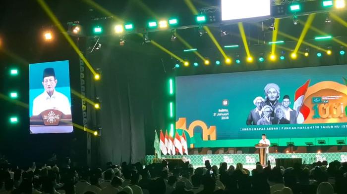 HARLAH KE-100 NU - Menteri Agama Nasaruddin Umar pada Puncak Harlah ke-100 Nahdlatul Ulama (NU), di Istora Gelora Bung Karno, Senayan, Jakarta, pada Sabtu (31/1/2026). (Fahdi Fahlevi)