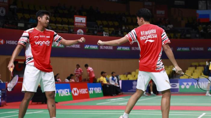 DUET MUBARROK/PRAMONO - Foto yang diunduh dari laman resmi PBSI, Selasa (7/10/2025), memperlihatkan aksi ganda putra Muhammad Rizki Mubarrok/Raihan Daffa Edsel Pramono saat membela Indonesia di laga perdana Grup F Piala Suhandinata 2025 melawan Filipina di National Centre of Excellence, Guwahati, Assam, India, Senin (6/10/2025).