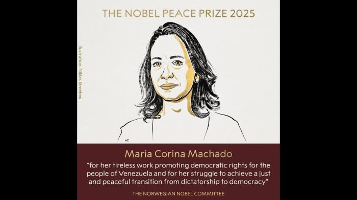 NOBEL PERDAMAIAN 2025 - Potret gambar wajah Maria Corina Machado yang diunggah Komite Nobel dalam pengumuman pemenang Nobel Prize 2025, Jumat (10/10/2025). Nobel Perdamaian 2025 dianugerahkan kepada María Corina Machado (58), seorang politikus sekaligus pemimpin oposisi Venezuela.