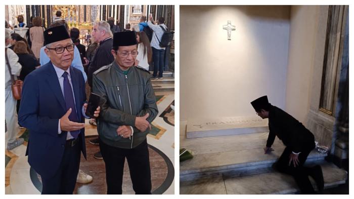 MAKAM PAUS FRANSISKUS - Menteri Agama Nasaruddin Umar dan Dubes RI untuk Takhta Suci Vatikan, Michael Trias Kuncahyono berziarah ke makam Paus Fransiskus, di Basilika St. Maria Maggiore, Roma pada Senin (27/10/2025).