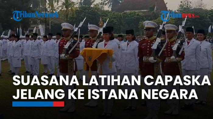PASKIBRAKA - Calon Pasukan Pengibar Bendera Pusaka (Paskibraka) menjalani latihan gabungan terakhir di Taman Rekreasi Wiladatika Cibubur, Jakarta, Senin (11/8/2025). (FAHDI FAHLEVI)