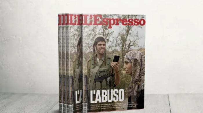 PELECEHAN  - Sampul majalah Italia yang judul dengan makna pelecehan, memicu kemarahan di kalangan Israel. Sampul menampilkan gambar seorang pemukim ilegal Israel yang mengenakan seragam militer, sedang memotret seorang wanita Palestina yang sedang dalam keadaan tertekan.