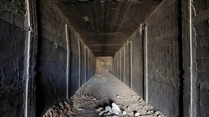 Pemandangan di dalam terowongan yang ditemukan tentara Israel di dekat koridor Philadelphia di sisi Rafah, Jalur Gaza selatan. Israel mengizinkan kunjungan media asing pada Jumat (13/9/2024) di bawah pengawasan militer Israel, untuk melihat terowongan yang diklaim sebagai tempat ditemukannya 6 mayat sandera pada 31 Agustus lalu.