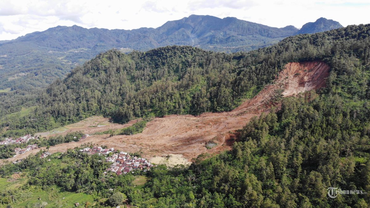 TIMBUN RUMAH WARGA - Foto udara wilayah terdampak longsor di Desa Pandanrum, Kecamatan Pandanarum, Kabupaten Banjarnegara Jawa Tengah pada Selasa (18/11/2025). TRIBUNNEWS/Pusdatinkom BNPB