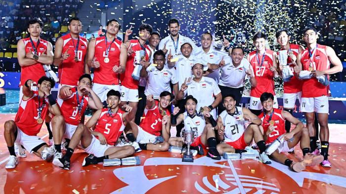 SELEBRASI JUARA - Perayaan Timnas Voli Putra Indonesia juara AVC Men's Cup 2026 di Veer Savarkar Sports Complex, Ahmedabad, India, Minggu (28/6) malam WIB setelah mengalahkan Korea Selatan di laga final lewat skor 3-0.
