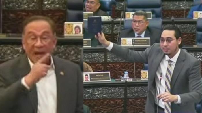PARLEMEN MALAYSIA RICUH - Tangkap Layar Perdana Menteri Malaysia Anwar Ibrahim (kiri) membentak sejumlah tokoh oposisi termasuk  Wan Ahmad Fayhsal Wan Ahmad Kamal (kanan) dari PNMachang.