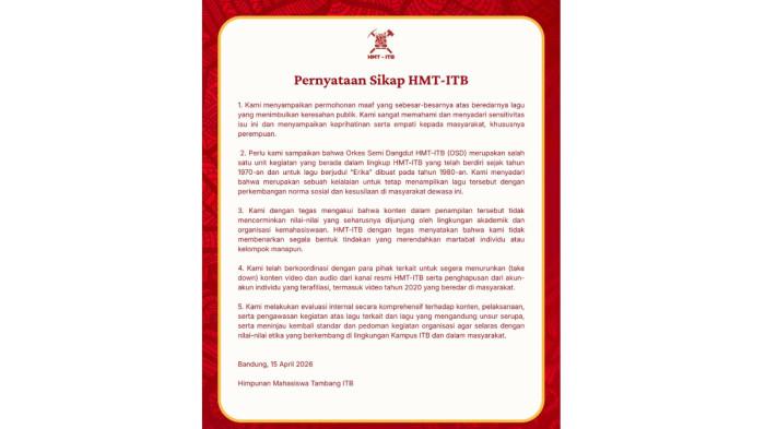 VIRAL LAGU ERIKA MAHASISWA ITB - Himpunan Mahasiswa Tambang Institut Teknologi Bandung (HMT-ITB) memberikan pernyataan sikap mereka atas viralnya lagu 'Erika' yang liriknya dinilai melecehkan dan merendahkan wanita. Pernyataan sikap ini diberikan HMT ITB melalui laman resmi ITB, Rabu (15/4/2026).