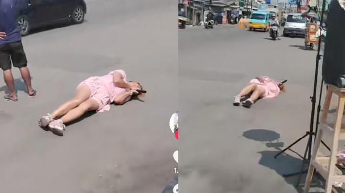 AKSI PINKAN MAMBO - Kolase tangkapan layar Pinkan Mambo sedang guling-guling di jalanan, diabadikan dari akun TikTok @Sifafayle. Ia mengamen di jalanan sambil guling-gulingan hingga menuai sorotan netizen.