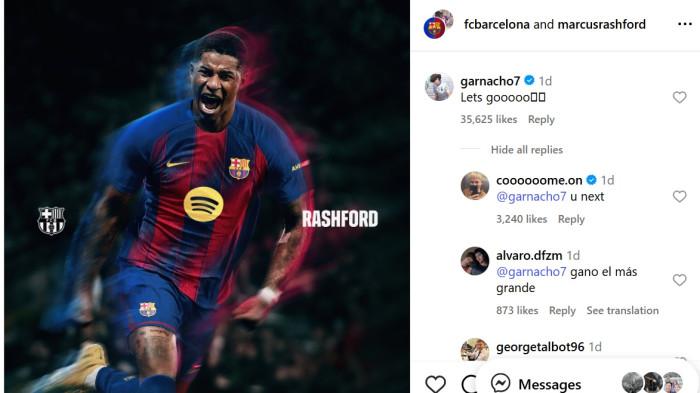 POSTINGAN BARCA- Alejandro Garnacho membuat marah para penggemar Manchester United dengan komentarnya di media sosial Instagram. Dia menuliskan Lets Go pada postingan Barcelona tentang Marcus Rashford. Penyerang Argentina itu dikeluarkan dari tur Amerika Serikat sementara masa depannya diputuskan, dan reaksinya terhadap Marcus Rashford dalam sebuah postingan di Barcelona memicu kemarahan di kalangan penggemar Manchester United.
