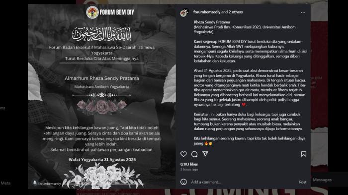 Postingan forum BEM DIY tekait kronologi meninggalnya Mahasiswa Amikom Jogja, Rheza Sendy