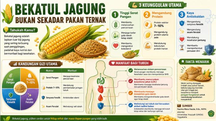 UMKM SOLO - Infografis bekatul jagung memiliki kandungan gizi yang berpotensi dikembangkan sebagai pangan fungsional untuk mendukung kesehatan masyarakat.
