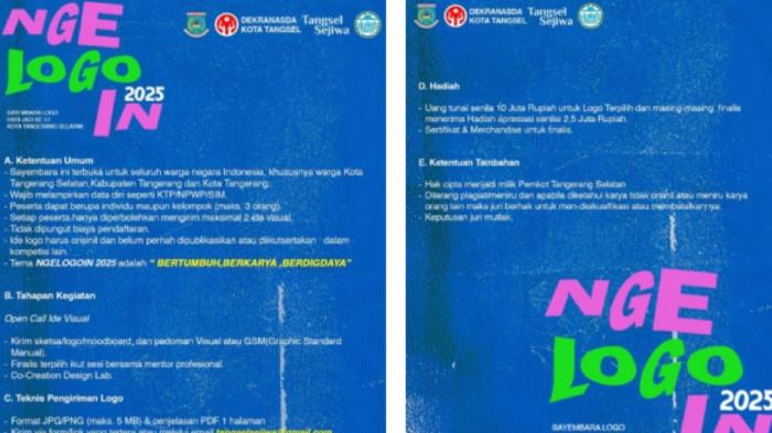 SAYEMBARA LOGO TANGSEL - Pemkot Tangsel gelar sayembara desain logo HUT ke-17 bertajuk Ngelogoin 2025. Terbuka untuk umum 13–27 September, bertema “Bertumbuh, Berkarya, Berdigdaya”, dengan total hadiah Rp20 juta.