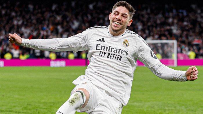 SELEBRASI - Selebrasi Federico Valverde saat mencetak gol ke gawang Athletic Bilbao dalam lanjutan pekan ke-32 Liga Spanyol 2024/2025 di Santiago Bernabeu pada Senin (21/4/2025) dini hari WIB. (Foto diunduh dari Instagram Real Madrid - 21/4/2025)