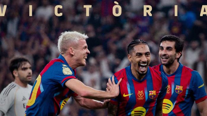Selebrasi penyerang Barcelona, Raphinha setelah mencetak gol ke gawang Real Madrid dalam final Piala Super Spanyol di Abdullah Sports City Stadium, Jeddah, Senin (12/1/2026). Barcelona menang 3-2 atas Real Madrid.