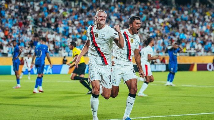 SELEBRASI - Selebrasi penyerang Manchester City, Erling Haaland saat melawan Al Hilal pada babak 16 besar Piala Dunia Antarklub 2025, Selasa (1/7/2025) pagi WIB.