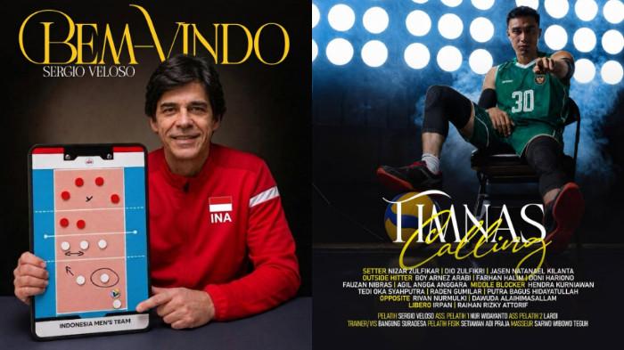 SKUAD TIMNAS VOLI INDONESIA - Sergio Veloso (kiri) dan daftar 16 pemain Timnas Voli Putra Indonesia yang dipersiapkan untuk berlaga di AVC Nations Cup 2026 for Men's pada 20-28 Juni di India.