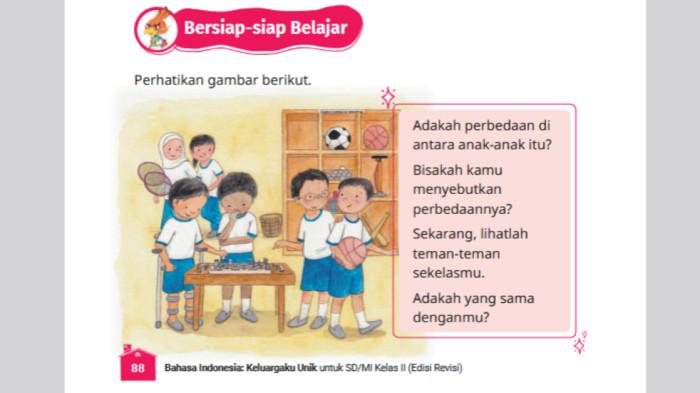 SOAL UJI KOMPETENSI - Tangkap layar gambar halaman 88: Bersiap-siap Belajar pada Buku Bahasa Indonesia: Keluargaku Unik untuk SD/MI Kelas II (Edisi Revisi) pada Jumat (3/10/2025).
