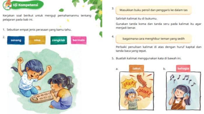 SOAL UJI KOMPETENSI - Tangkap layar gambar halaman 14 15: Uji Kompetensi pada Buku Bahasa Indonesia: Keluargaku Unik untuk SD/MI Kelas II (Edisi Revisi) pada Jumat (19/9/2025).