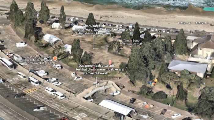 TKP PENEMBAKAN - Tangkapan layar dari situs ABC Australia yang menunjukkan tempat kejadian perkara (TKP) penembakan massal di Pantai Bondi, New South Wales, Australia, Minggu (14/12/2025). Sebanyak 12 orang tewas dan 29 lain luka-luka dalam aksi penembakan ini.