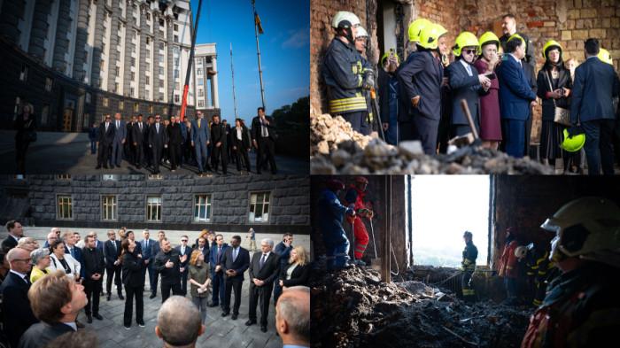 TUR GEDUNG - Gambar diambil dari Facebook PM Ukraina, Selasa (9/9/2025), memperlihatkan Perdana Menteri Ukraina, Yuliia Svyrydenko, membagikan foto-foto ketika ia mengajak 60 diplomat asing untuk menunjukkan kerusakan pada gedung pemerintah Ukraina akibat serangan Rusia pada hari Senin (8/9/2025). (Facebook PM Ukraina)