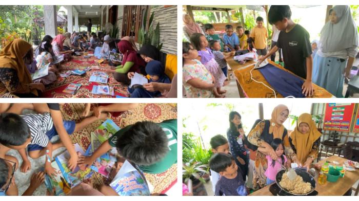 TINGKATKAN LITERASI - Kolase foto kegiatan di Taman Baca Krida Galas Desa Tanjungsari, dari membaca menyetrika, hingga memasak. Sebagai pemilik rumah yang rumahnya juga dibuat sebagai lokasi Taman Baca, Sugiyarti tidak merasa keberatan jika warga berkunjung setiap saat.