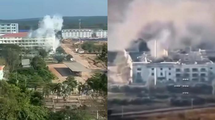 THAILAND GEMPUR KAMBOJA - Tangkap layar serangan rudal Thailand terhadap bangunan Kasino milik Kamboja pada Senin (8/12/2025) yang diduga jadi pusat kontrol drone untuk serang wilayah perbatasan