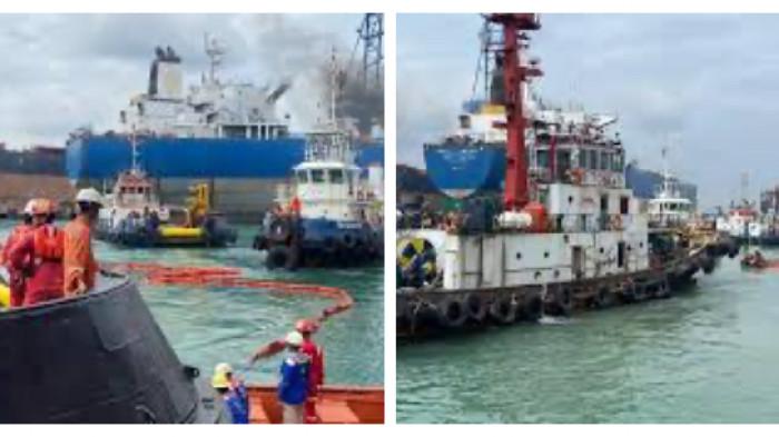 TUGBOAT TENGGELAM - Tim SAR mengevakuasi Yusuf Tankin dari ruang mesin kapal tugboat yang terbalik di perairan PT ASL Shipyard, Batamsetelah terjebak selama 38 jam.