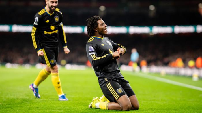 SELEBRASI - Winger Manchester United, Partick Dorgu saat merayakan gol ke gawang Arsenal pada pekan ke-23 Liga Inggris, Minggu (25/1/2026) di Emirates Stadion. Manchester United menang dramatis 3-2.