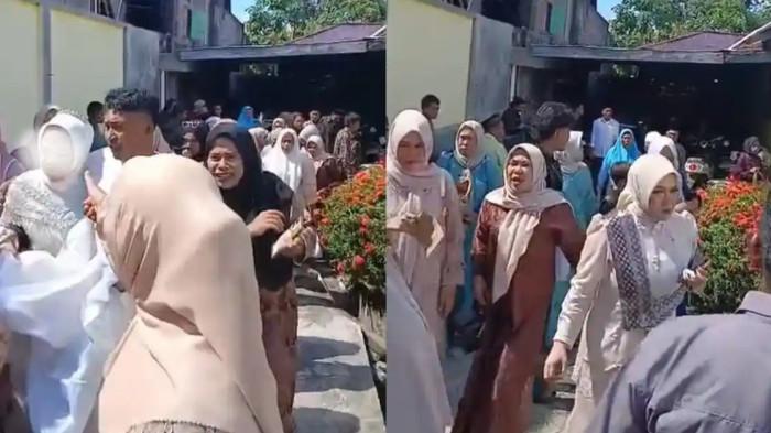 BATAL MENIKAH - Foto kolase dari tangkapan video yang merekam mempelai wanita dan keluarga yang memilih pulang dan gagal melangsungkan pernikahan dengan Anggota Densus 88 Briptu AA alias Alim, Sabtu (16/5/2026).