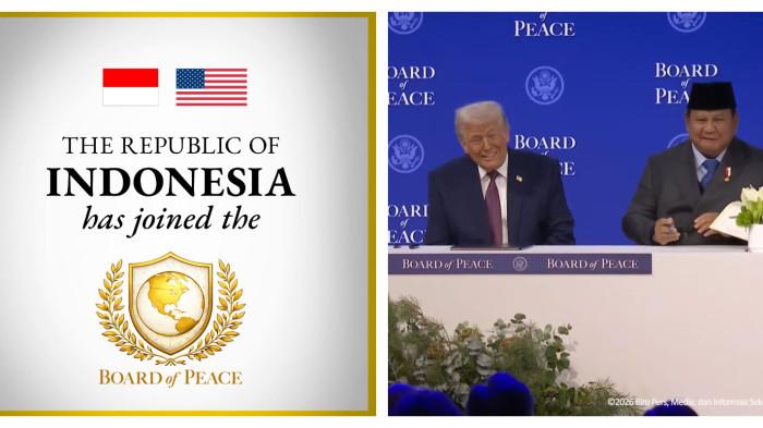 Kolase Foto: Board of Peace melalui akun media sosial X (dulu Twitter) @BoardOfPeace mengunggah sambutan khusus untuk Indonesia dan negara lain yang menjadi anggotanya, Rabu (28/1/2026) dan Presiden RI Prabowo Subianto bersama Presiden AS Donald Trump (tengah) jelang penandatanganan Board of Peace (BoP) Charter yang diluncurkan dalam sebuah seremoni di sela penyelenggaraan World Economic Forum (WEF) di Davos, Swiss, Kamis (22/1/2026).