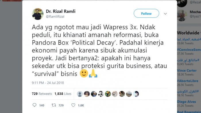 Jubir JK dan Rizal Ramli Saling Berbalas Cuitan Soal Gugatan Jabatan Wapres 3 Periode di MK